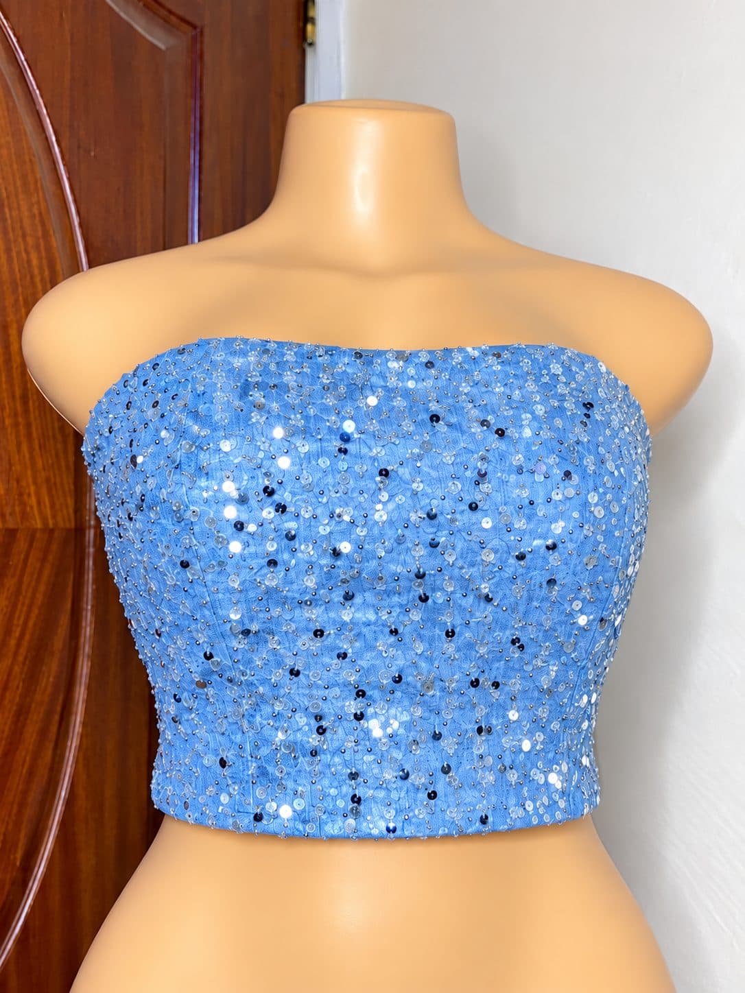 Blue Sequin Strapless Corset Top