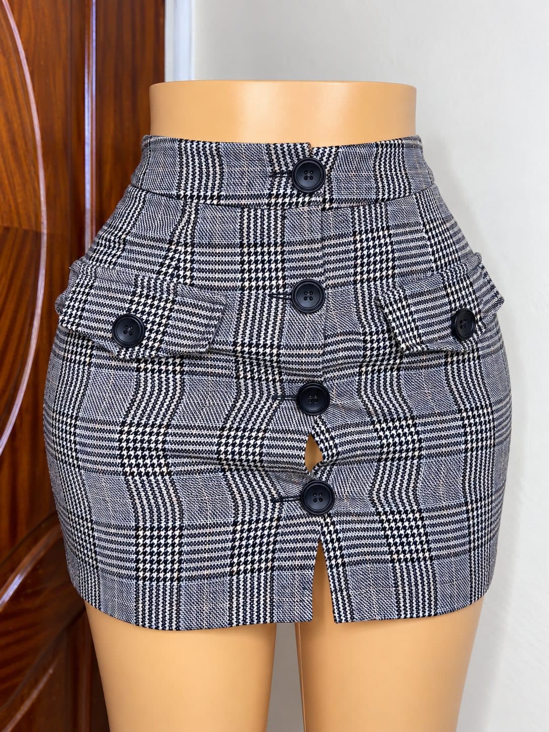 Grey Plaid Button Mini Skirt